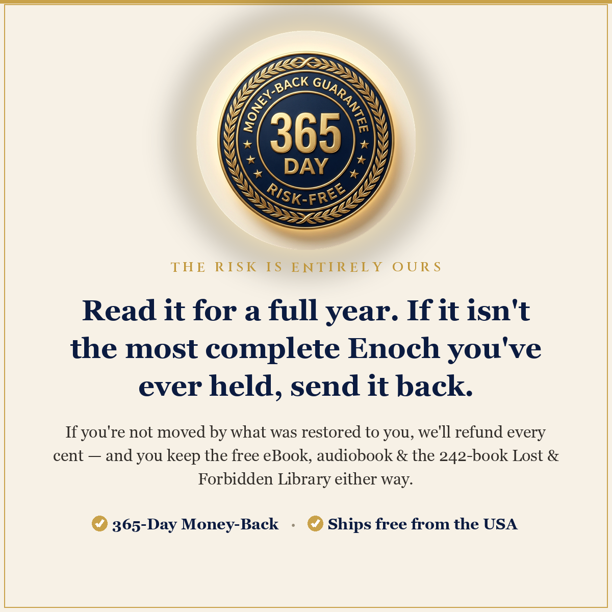 365-day risk-free money-back guarantee — keep the free eBook and audiobook either way.