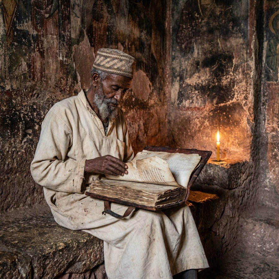 Ethiopian monk with an ancient Ge'ez manuscript