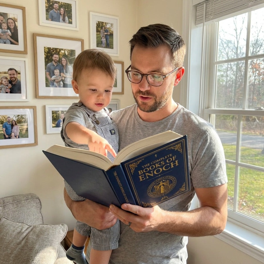 A father reading an old Bible with his son