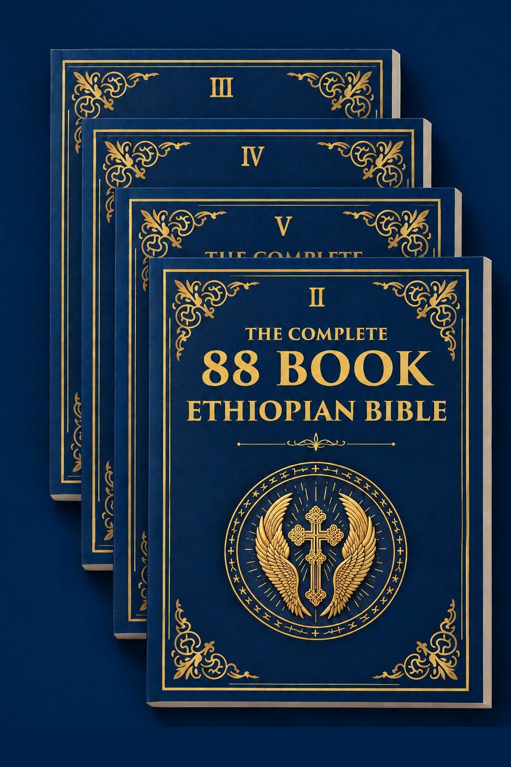 The four volumes of The Complete Ethiopian Bible Library, matte paperbacks