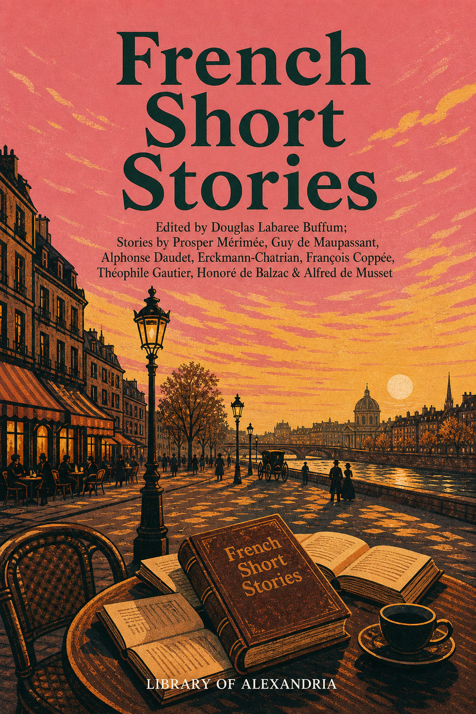 French Short Stories by Prosper Mérimée; Guy de Maupassant; Alphonse Daudet; Erckmann-Chatrian; François Coppée; Théophile Gautier; Honoré de Balzac; Alfred de Musset; Douglas Labaree Buffum (editor), the cover